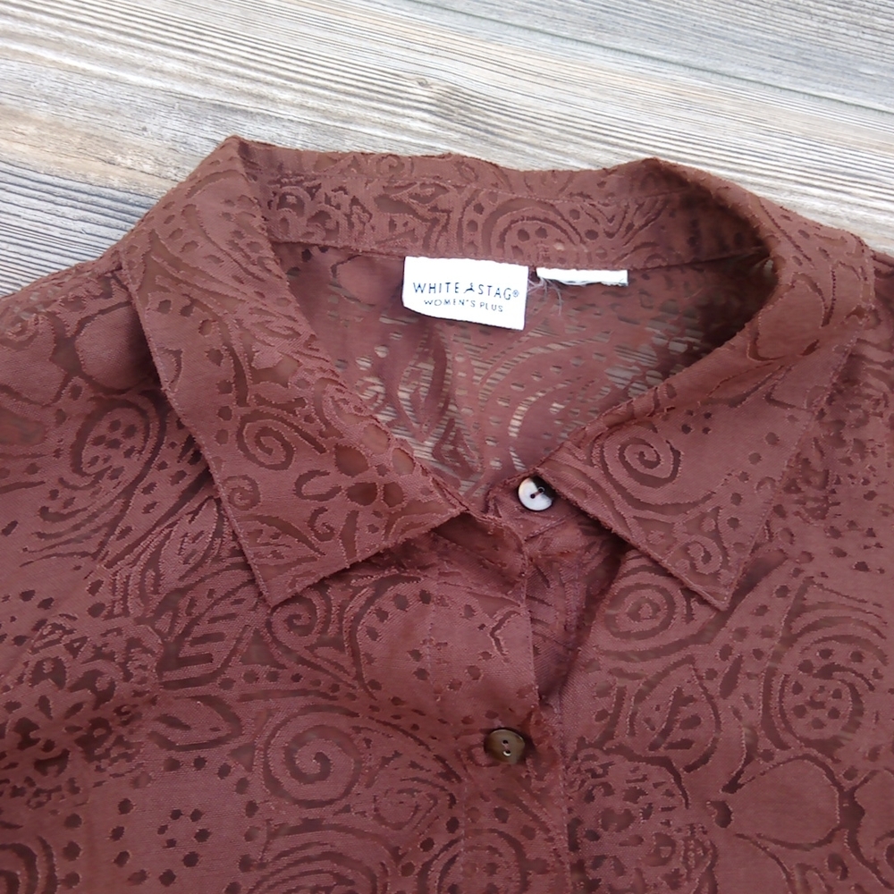 Brown Patterned Semi Sheer Button Down Front Blou… - image 4